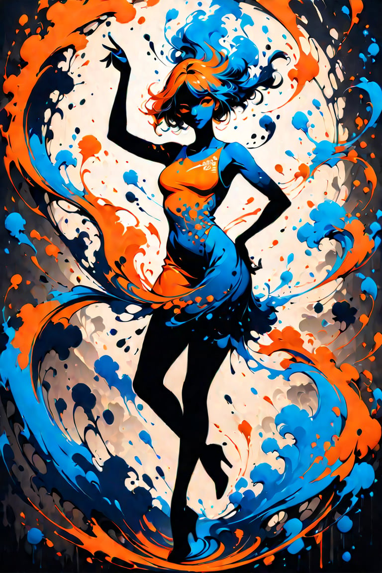 silhouette of a girl, ink brushstrokes in background, looking at viewer, dancing pose, ink rain, stunning image, ink smoke, digital art, professional style, ((masterpiece quality: 1.4)), ink droplets, attractive image.,INK,Ink art, big orange and blue ink swirls