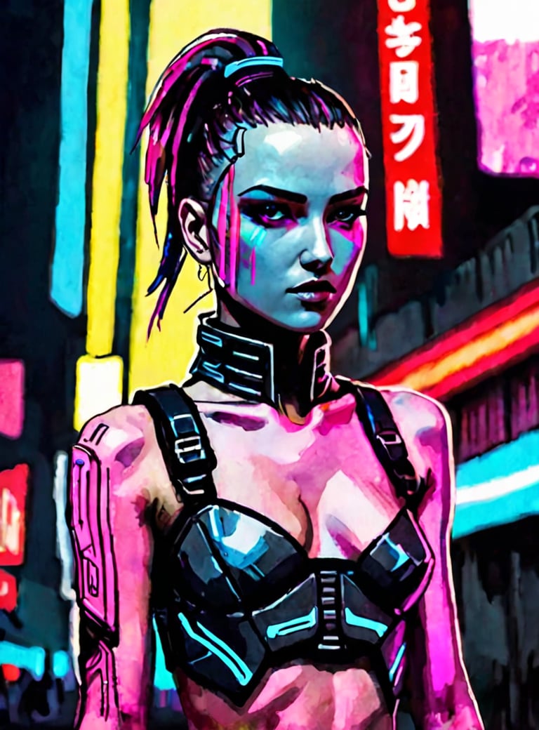 cyberpunk warrior in a city, neon lights, flat chested, ((ink and watercolors)), minimalistic