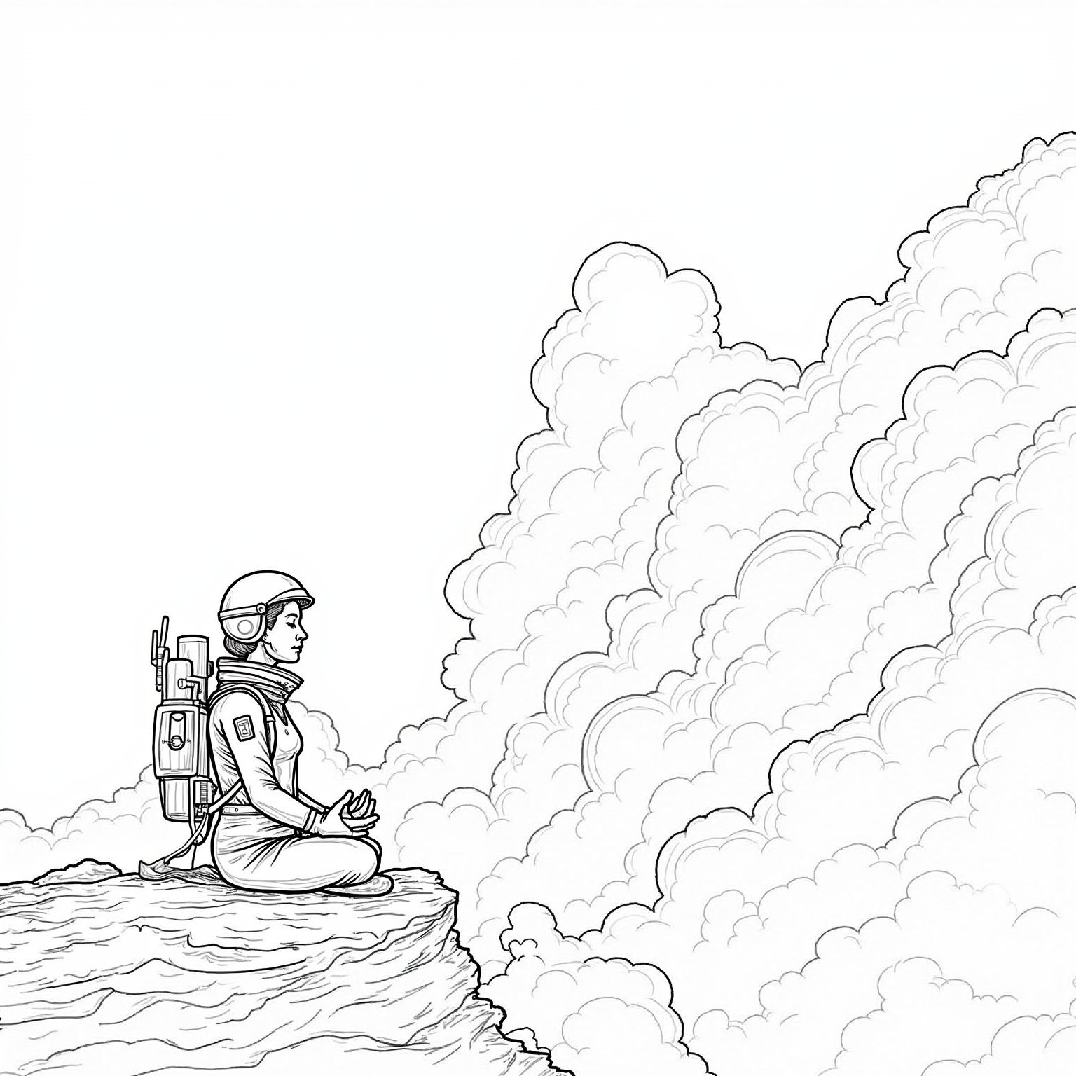 Hyper realistic and detailed dynamic coloring page of a female astronaut meditating on a mountaintop, with clouds swirling around them. By Jim Burns, Greg Beeble, Frank Kelly Freas