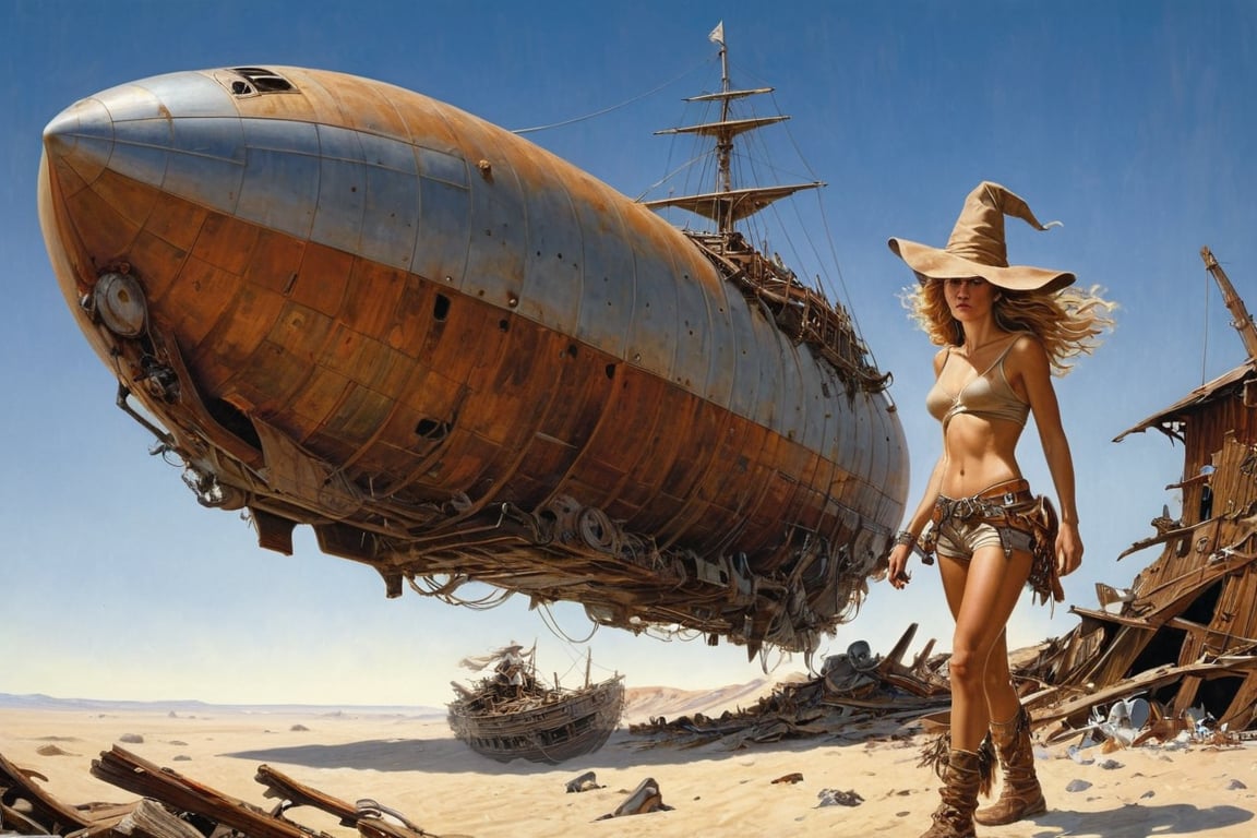 Create a meticulously detailed, hyperrealist illustration that seamlessly blends the artistic styles of Norman Rockwell, Steve Hanks, Dalhart Windberg, Boris Vallejo, Heavy Metal, The Brothers Hildebrandt, National Lampoon, Moebius, and Jen Christiansen, depicting a raggedy 50yo flat chested female sand witch exploring a wooden airship junkyard. Her expression conveys determination and resourcefulness as she searches for valuable parts among the abandoned wooden beams and futuristic debris, with a stark, star-filled sky as the backdrop.

The disheveled sand witch, rendered with the nostalgic warmth of Norman Rockwell and the realistic, emotive touch of Steve Hanks, displays a rugged resilience. Her attire, a very thin loose sand colored shirt with deep qleavage and a worn sand colored pointy witch hat with distinctive mix of scavenged woooen materials and advanced technology, reflects the dynamic and fantastical elements of Boris Vallejo. Her focused expression and the intricate details of her posture and gear emphasize her ingenuity and the challenges of her environment.

The wood ship junkyard environment, inspired by the serene and luminous landscapes of Dalhart Windberg, is illuminated by the stark light of distant stars, casting an ethereal glow over the scene. This setting, influenced by the bold and edgy style of Heavy Metal magazine, features towering piles of long ship remnants, glinting metal, and mysterious artifacts, creating a rich, chaotic tapestry.

In the background, the epic and detailed illustrations of The Brothers Hildebrandt add grandeur to the scene, with a vast, starry sky stretching into infinity, highlighting the desolation and beauty of the cosmos. A touch of whimsical humor, akin to National Lampoon, might be found in the scavenger's eclectic tools or the presence of quirky alien creatures navigating through the wreckage, adding a light-hearted element to the intense setting.

Moebius' intricate and visionary line work enhances the composition, bringing detailed textures and fluid, organic forms to the junkyard, making the environment feel both lived-in and fantastical. Jen Christiansen's precise scientific clarity ensures the ac