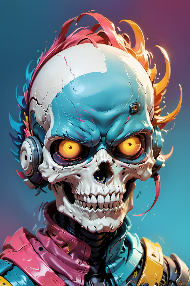 digital drawing of cyberpunk skull with armor, maximalist detailing, colorful, vibrant