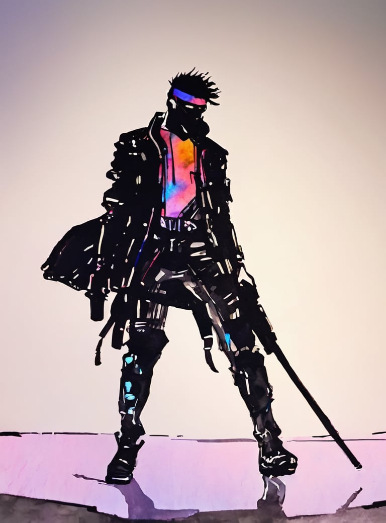 cyberpunk warrior in a city, neon lights, flat chested, ((ink and watercolors)), minimalistic