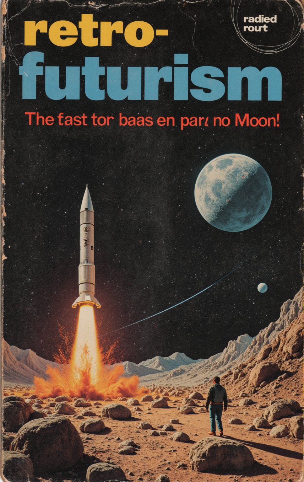 A 60s magazine cover with the text “Retro Futurism" and a smaller text "Moon rocket!”.