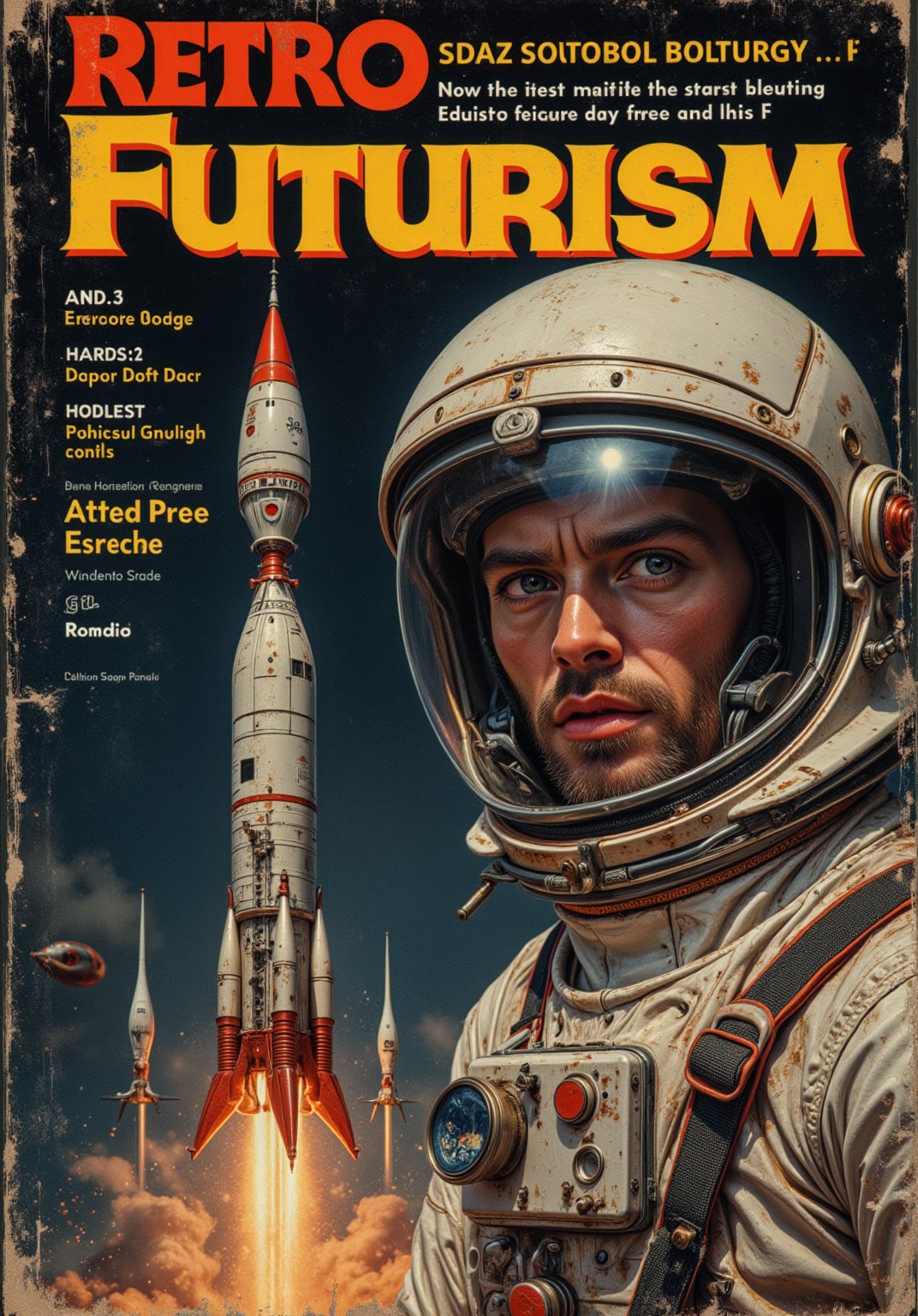 A 60s magazine cover with an astronaut, a rocket and the text “Retro Futurism".