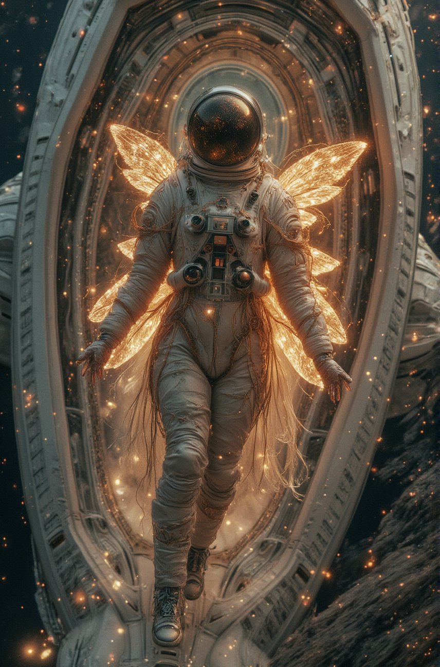 Golden hour, a faery astronaut with luminous wings floats gracefully outside a massive spaceship, her helmet a delicate fusion of glass and organic tendrils, intricate Art Nouveau patterns weave through her spacesuit like vines, her wings shimmering with the light of distant stars, the ship itself a masterpiece of futuristic design, soft curves and intricate detail, the scene bathed in a soft cosmic light, evoking a sense of both vulnerability and strength in the endless expanse of space",Enhanced all,Watercolor painting style,tiny tits,Sparkle Glowing,Midjourney_Whisper