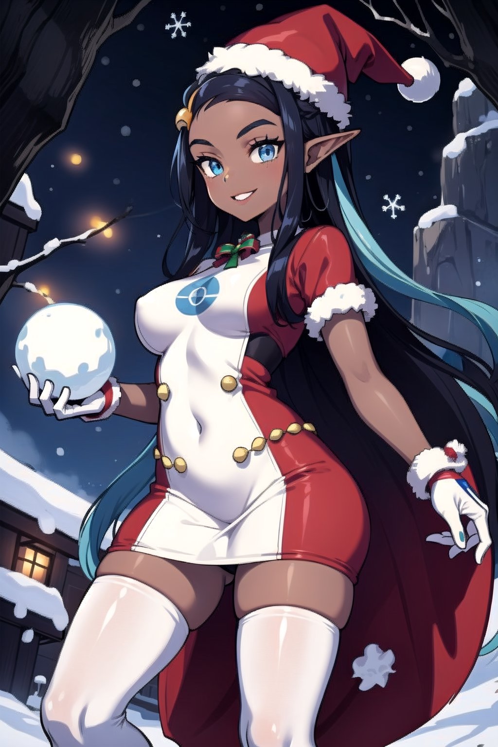 Nessa is a dark skinned girl with a very slender physique, long blue and black striped hair and blue eyes. She wears a santa outfit that is red with white trim, she wears a red santa hat, she is in a snowy cave with christmas lights, she has long white gloves, she has white tights, smile, red clothing, red dress, elf_ears, holding snowball, long white gloves