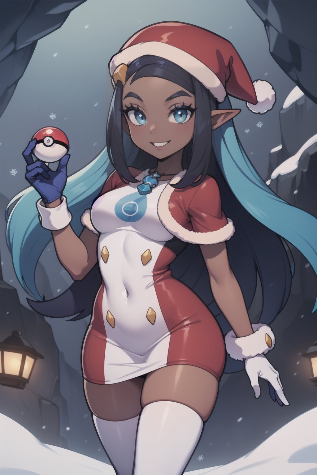 Nessa is a dark skinned girl with a very slender physique, long blue and black striped hair and blue eyes. She wears a santa outfit that is red with white trim, she wears a red santa hat, she is in a snowy cave with christmas lights, she has long white gloves, she has white tights, smile, red clothing, red dress, elf_ears, holding pokeball, white gloves