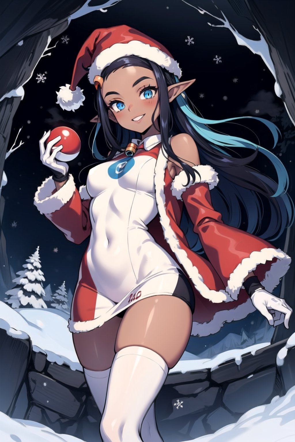 Nessa is a dark skinned girl with a very slender physique, long blue and black striped hair and blue eyes. She wears a santa outfit that is red with white trim, she wears a red santa hat, she is in a snowy cave with christmas lights, she has long white gloves, she has white tights, smile, red clothing, red dress, elf_ears, holding snowball, long white gloves