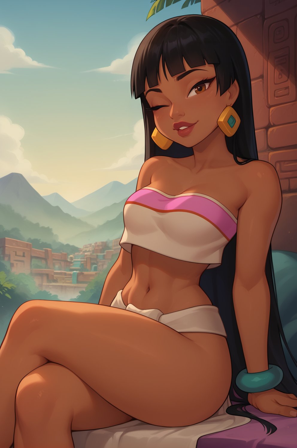 score_9, score_8_up, score_7_up, dark_skin_female, eyelashes, chel (the road to el dorado), chel, midriff, narrow waist, navel,  wink, sitting, crossed_legs