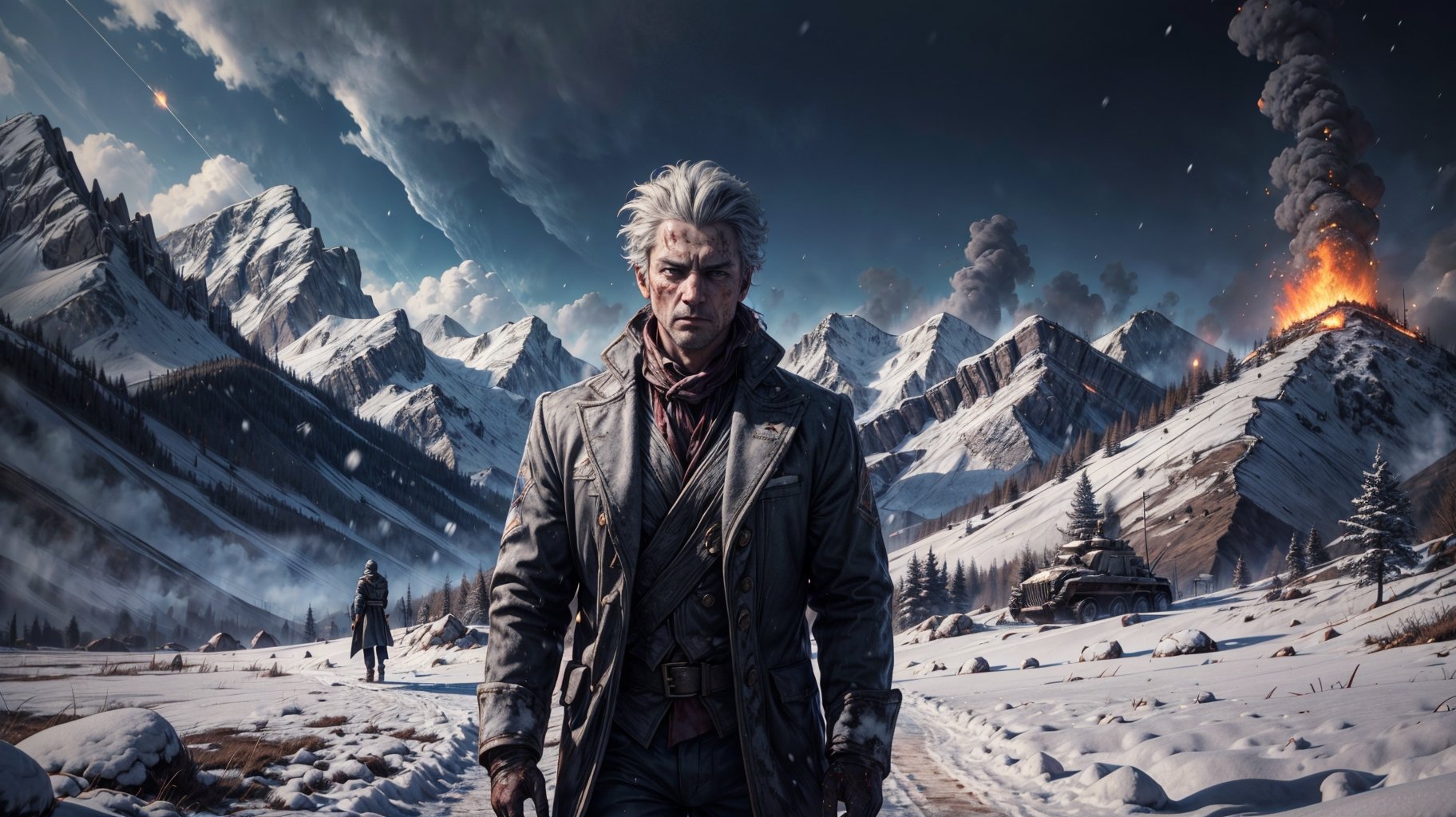 (fantasy background), (masterpiece, best quality, ultra-detailed, 8K),, (colorful), (seductive),(on a date) , (night Battlefield ) , , 1 man,middle-age, standing ,  on a mountain , cold face, 30 year old, warrior Outfitss, on Ruined Battlefield, (injury), winter, snows, fire, (injury),blood,, upper body,  cowboy_shot