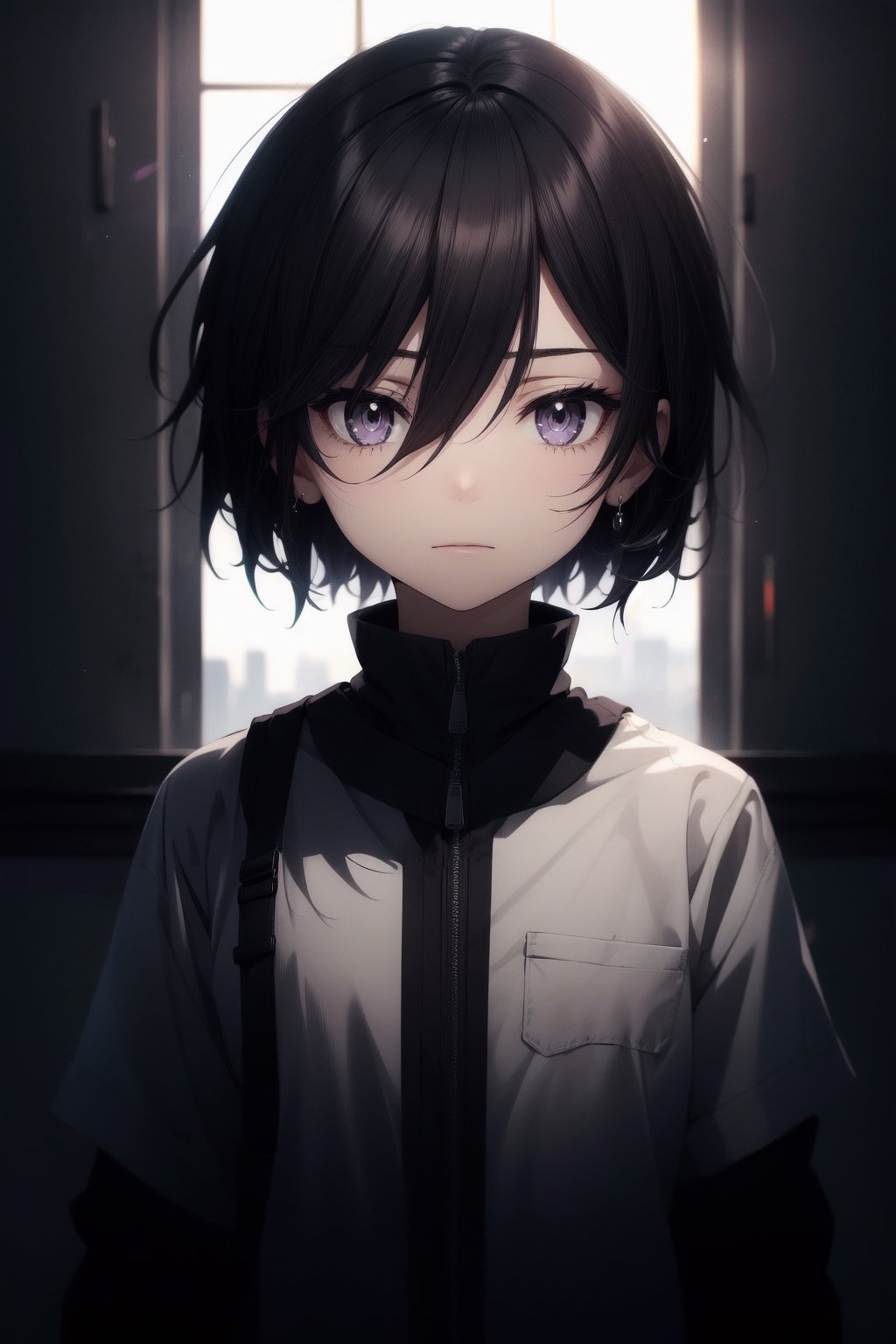 solo,1girl, short hair, black hair, purple eyes,hair between eyes