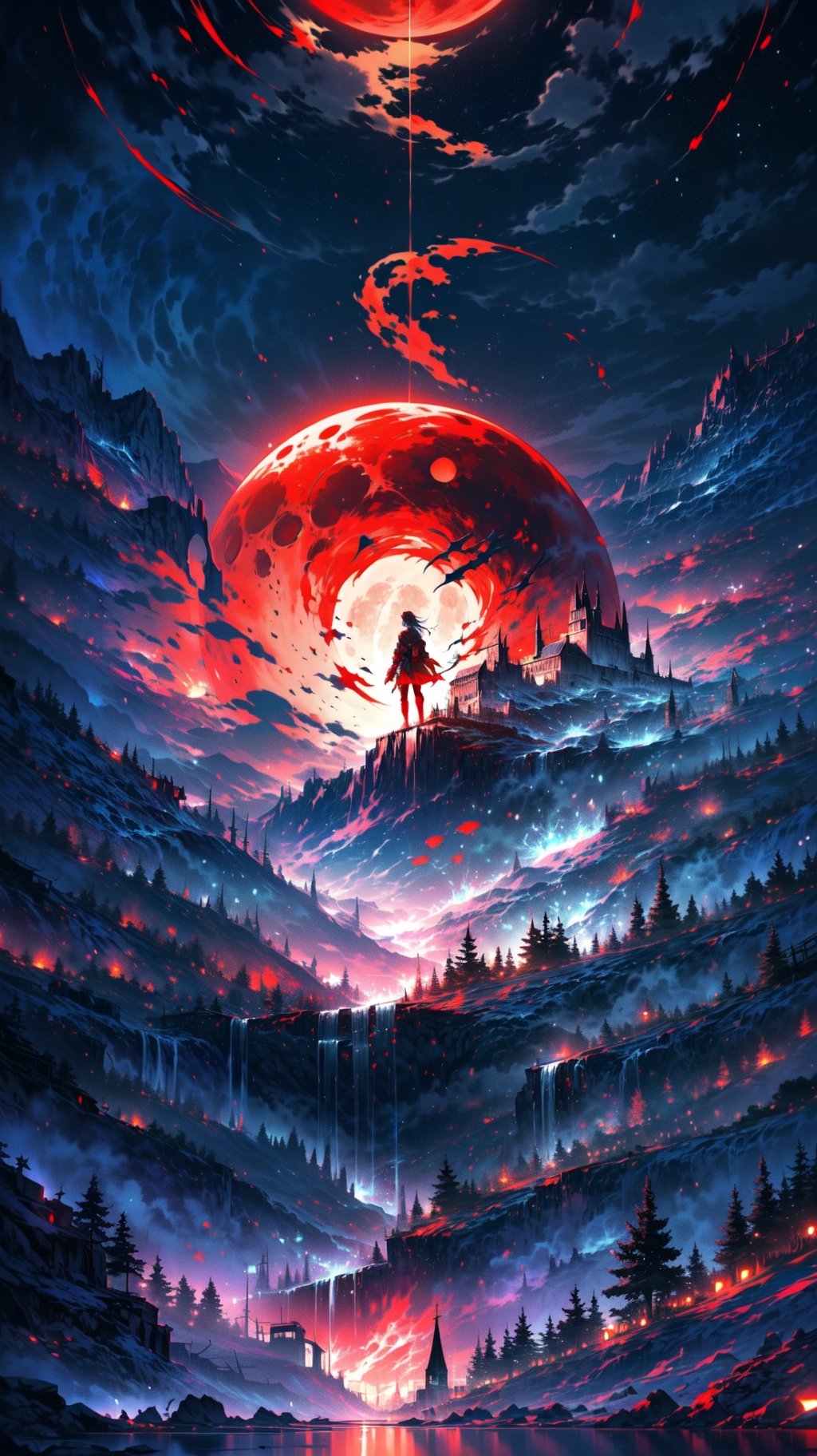 Generate a digital art image featuring a surreal and otherworldly scene of a red moon rising over a mountainous landscape. The moon, large and centrally positioned, casts a red glow over the dark, mountainous terrain. The sky is a deep red, evoking an intense atmosphere. A river flows through the landscape, reflecting the moon's eerie light. Encourage diverse interpretations, suggesting that the image could be seen as a representation of a fantasy world, a post-apocalyptic scenario, or a symbolic expression of the artist's emotions