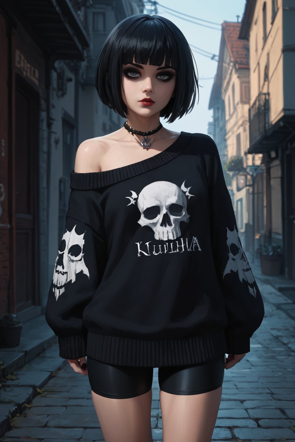 core_9, score_8_up, score_7_up, cinematic light, 1girl,emo,gothic,black_hair,bike_shorts,,sweater, off_shoulder,,