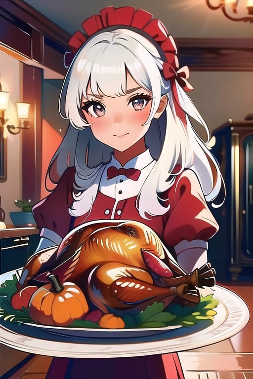 girl,indoors,Thanksgiving turkey,white hair,long hair,red dress,#thanksgiving2023