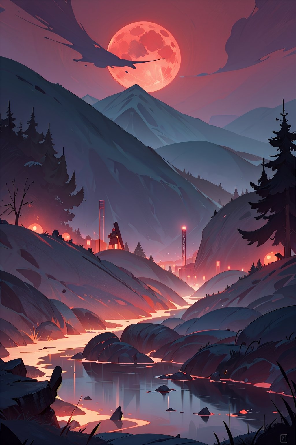 Generate a digital art image featuring a surreal and otherworldly scene of a red moon rising over a mountainous landscape. The moon, large and centrally positioned, casts a red glow over the dark, mountainous terrain. The sky is a deep red, evoking an intense atmosphere. A river flows through the landscape, reflecting the moon's eerie light. Encourage diverse interpretations, suggesting that the image could be seen as a representation of a fantasy world, a post-apocalyptic scenario, or a symbolic expression of the artist's emotions