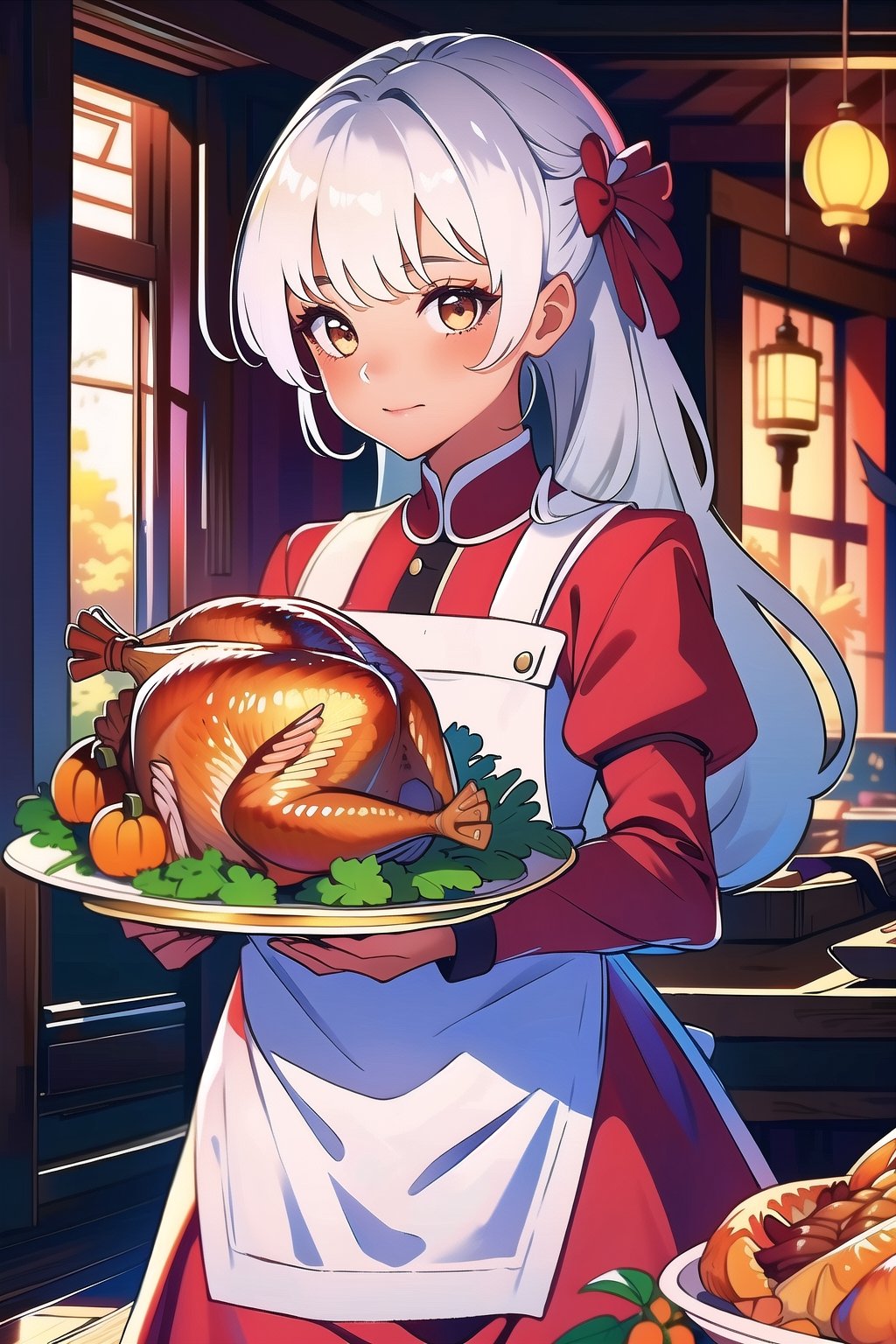 girl,indoors,Thanksgiving turkey,white hair,long hair,red dress,#thanksgiving2023