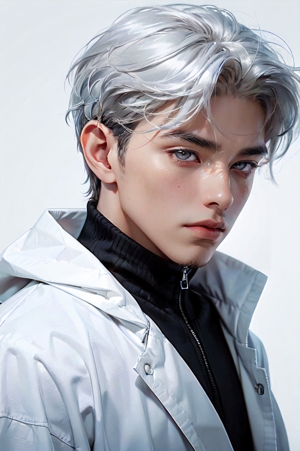 1boy, solo, male focus, simple background, 40 yo old, silver eyes, wavy hair, white hair, expressionless, Greek, white gloves, bangs, labcoat, facing foward, front view, mature male, white facial hair, 