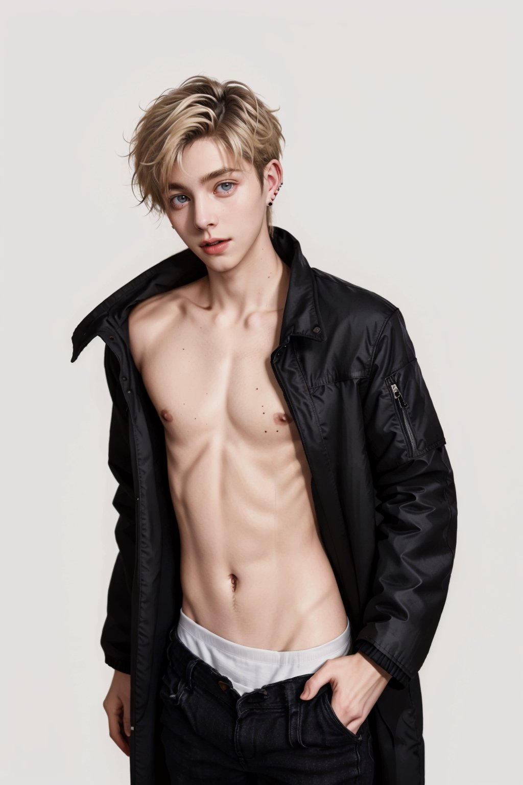 1boy, solo, masterpiece, 25 yo old, male focus, messy shoulder length hair, long white hair, pale skin, hazel eyes, black fluffy coat, (bare chest), earrings, bjork, dove cameron, lucky blue smith, German, simple background, skinny, anorexic, underweight, attractive, beautiful, ,s0ftabs,Detailedface,oversized_puffer_jacket,cute blond boy