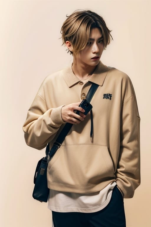 male focus, dyed blonde hair, black hair roots, black eyes, beige fleece jacket, black pants, white undershirt, phone, leather bag,, simple background, white background, male, 30 yrs old, attractive, beautiful, arrogant, annoyed, irritated