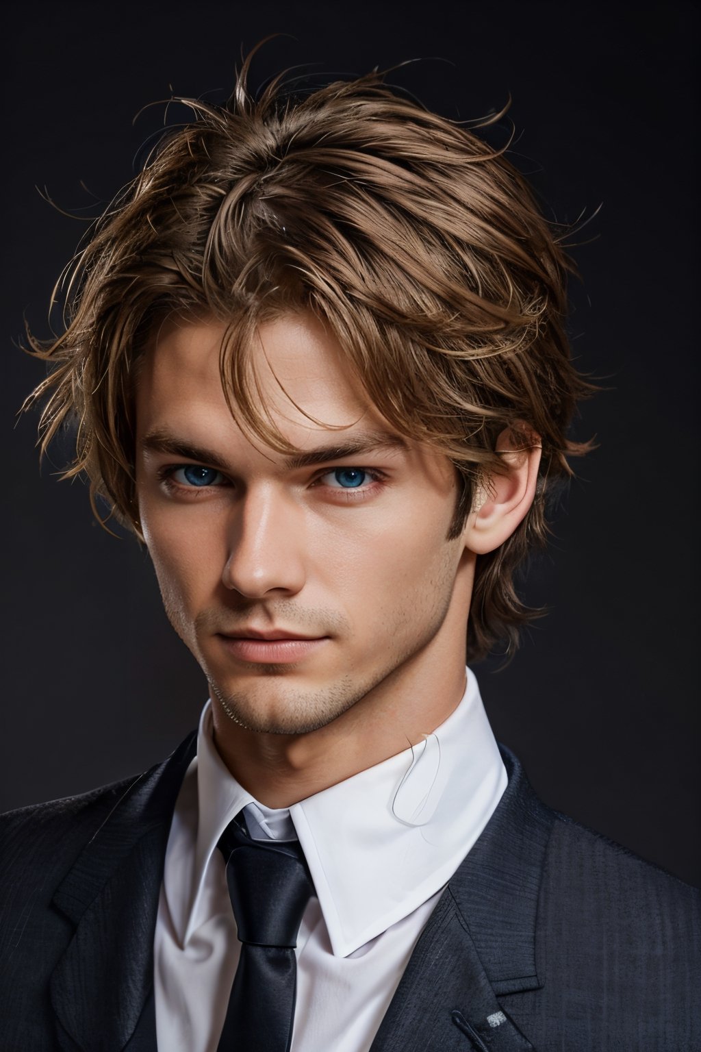 1boy, male focus, simple background, Caucasian, blue eyes, wavy hair, blond hair, black suit, black tie, gray background, handsome male,Germany Male,Masterpiece