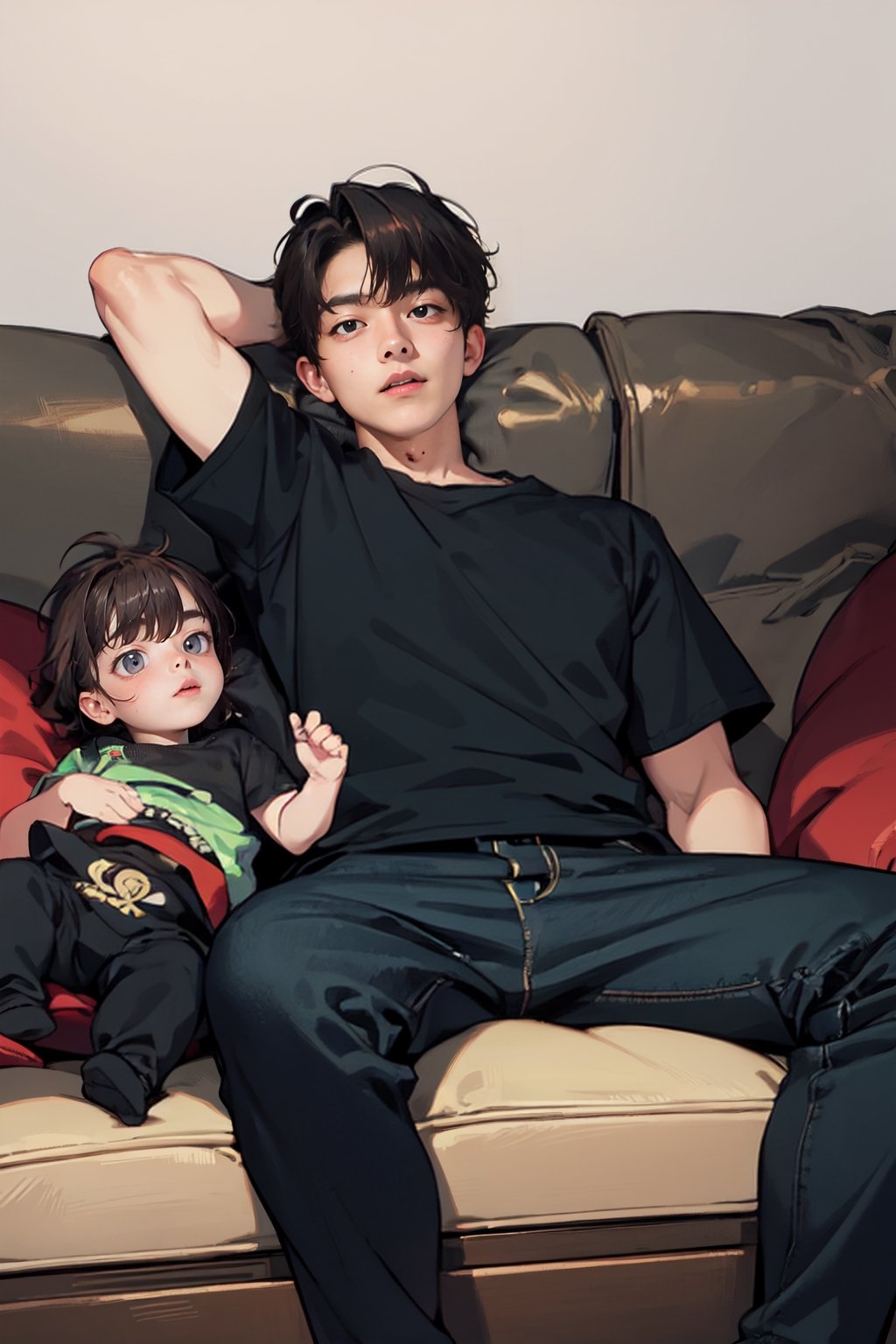 masterpiece, 1boy, couch, 1baby, infant laying on  couch, sitting, brown hair, gray eyes, black t-shirt, black pants, bored