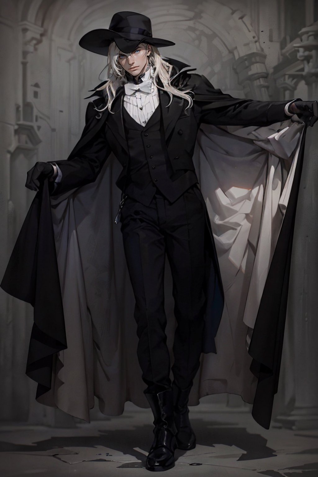 1boy, male focus, solo, pale tattooed attractive pretty man with soft beautiful long white blond hair, long hair, blue eyes, pale skin, black jacket, black tailsuit, bowtie, black pants, black riding boots, black gloves, black fedora, black cape, black cloak, simple background, full body,