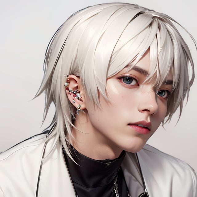 masterpiece,  male focus, white hair, bangs, black eyes, blond hair, pale skin, black shirt, white  jacket, simple background,male, ear piercings, spike lip piercings, beautiful, androgynous, attractive