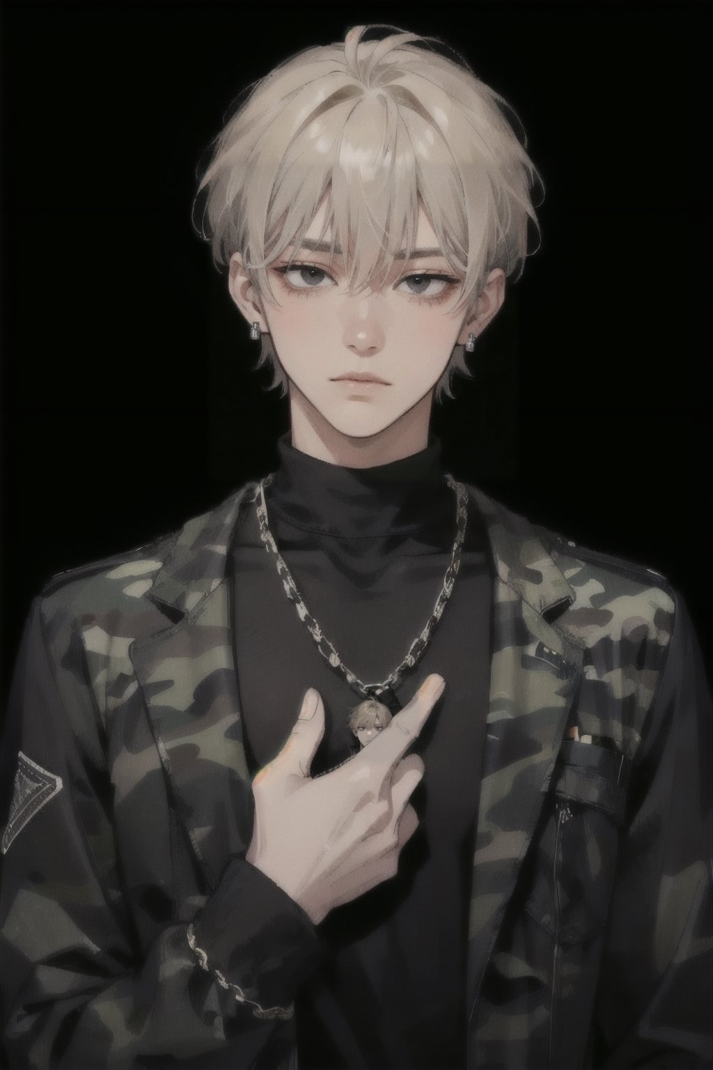 1boy, solo, male focus, bangs, blond hair, black eyes, camouflage pants, black sweater, combat boots, upper body, beautiful, handsome, chain necklace, bored, arrogant, 