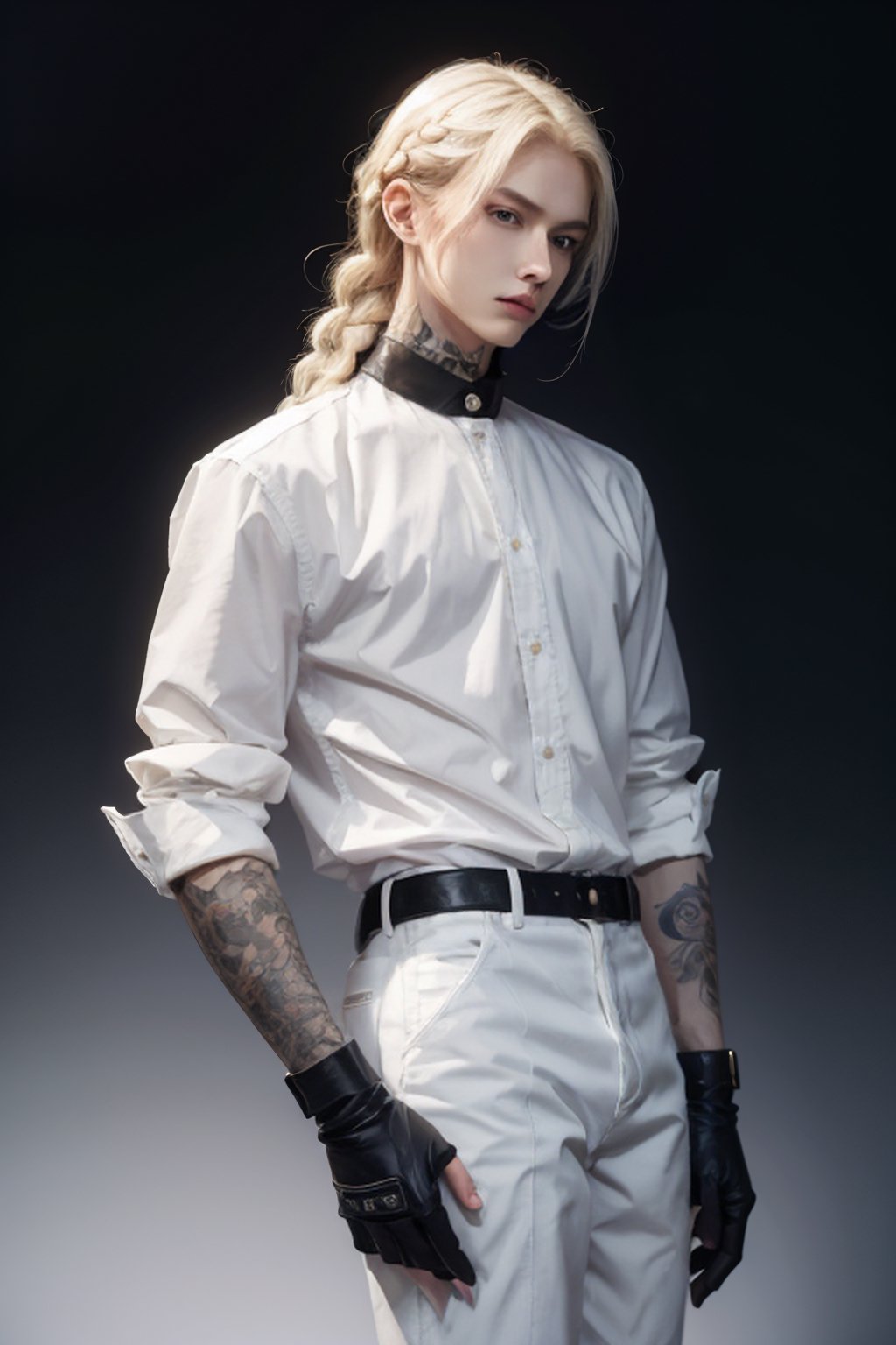 1boy, male focus, solo, pale tattooed attractive pretty man with soft beautiful long white blond hair, side braid, white blond hair in braid over chest, long hair, blond hair, blue eyes, pale skin, tattoos, tattooed, white ruffled poet shirt, black leather pants, open shirt, black riding boots, black gloves, white background, simple background, single braid, poet shirt,