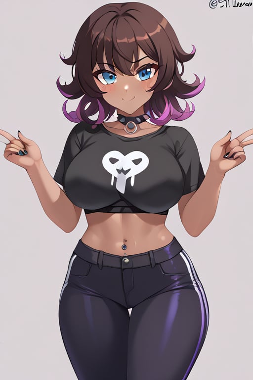 score_4_up, score_9, score_8_up, score_7_up, score_6_up, score_5_up, good_hands, jtveemo, dark_skin, female, curvy, voluptuous, blue_eyes, brown_hair, curly_hair,  gothic, chocker, dark_skinned_female, IncursioDipDyedHair, purple IncursioDipDyedHair, sexually_suggestive, innuendo,