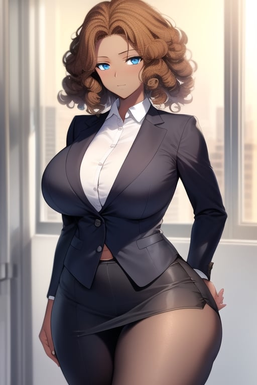 Afro hair girl, dark_skin_female, brown_hair, curly_hair, female, blue_eyes, big_breasts, curvy_hips, dark_skin, business outfit, office_lady, 