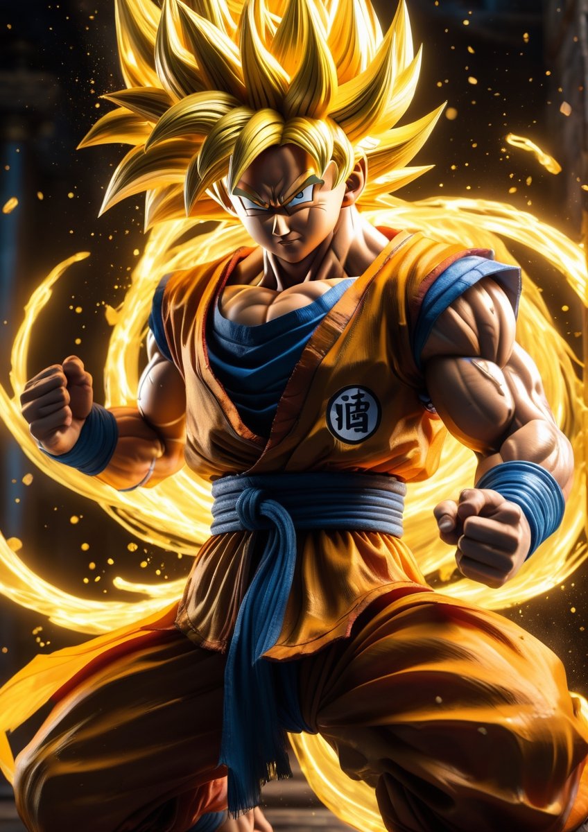 Super Sayan Son Goku, floating in the air covered in yellow energy, fighting pose, Jim Lee art, full body portrait dim volumetric lighting, 8k octane beautifully detailed render, post-processing, portrait, extremely hyper-detailed, intricate, epic composition, cinematic lighting, masterpiece, very very detailed, masterpiece, stunning Detailed matte painting, deep color, fantastical, intricate detail, splash screen, complementary colors, fantasy concept art, 8k resolution trending on Artstation Unreal Engine 5,chiaroscuro, bioluminescent,photo r3al,detailmaster2,make_3d