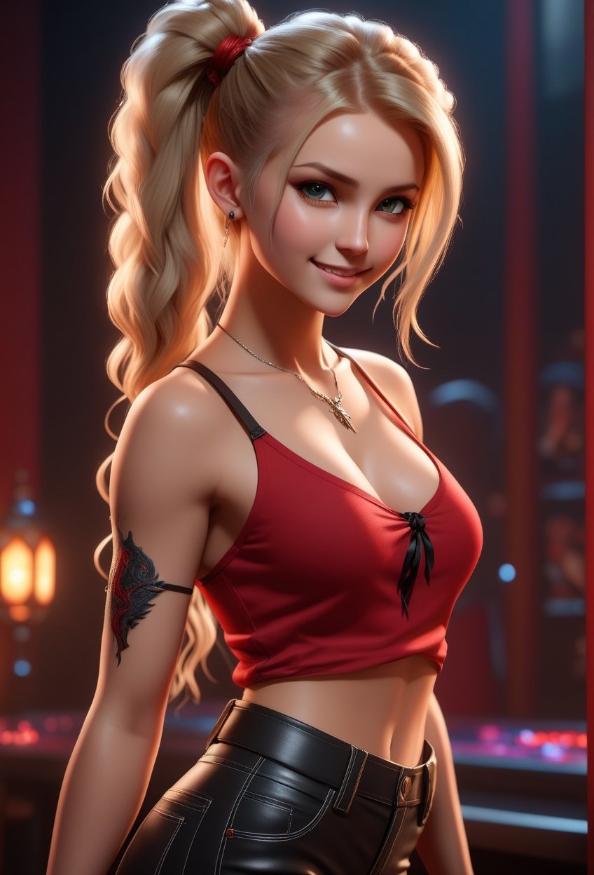 Very beautyful, Vlada Roslyakova, ponytail blonde hair, soft smile for the viewer, wearing black skintight pants, red tied top, dragon tattoo on arm, sexy dance for the vewer, (Nightclub dance floor background) full body portrait, dimmed volumetric lighting, 8k octane beautifully detailed render, post-processing, portrait, extremely hyper-detailed, intricate, epic composition, cinematic lighting, masterpiece, trending on artstation, very very detailed, masterpiece, stunning,3D