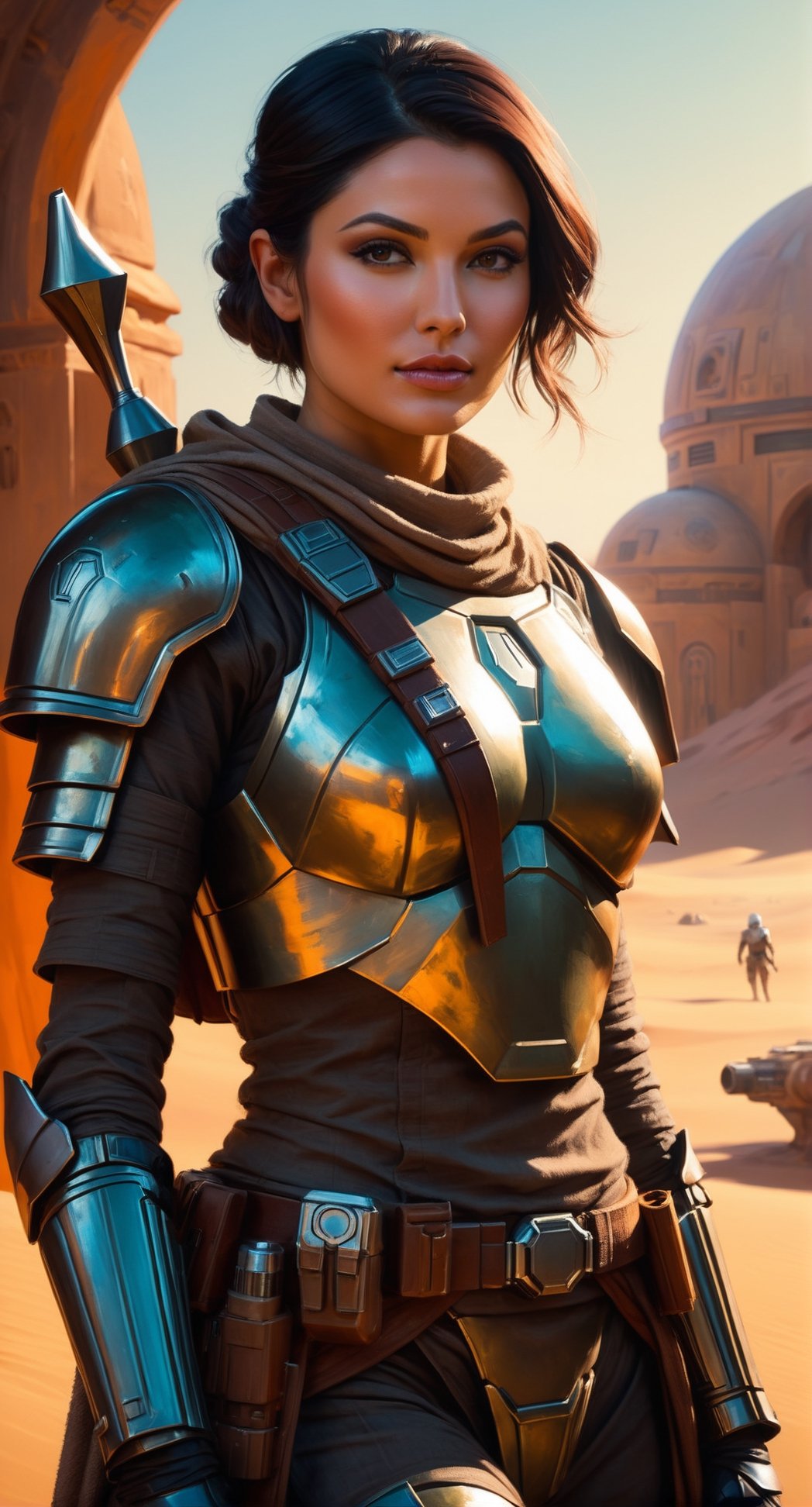 Noble Mandalorian, Bounty Hunter Morena Baccarin, wearing Mandalorian armor, holding her helmet in one hand, Looking at the viewer, mid body shot, (Tatooine background), (dynamic pose, random pose, modeling:1.4), vivid colors, natural lighting, beautiful lighting, dramatic lighting, by artgerm, by Liang Xing, by WLOP, immersive atmosphere, (chiaroscuro:0.2) volumetric lighting, 8k resolution trending on Artstation Unreal Engine 5, chiaroscuro, bioluminescence,photo r3al,detailmaster2,digital painting