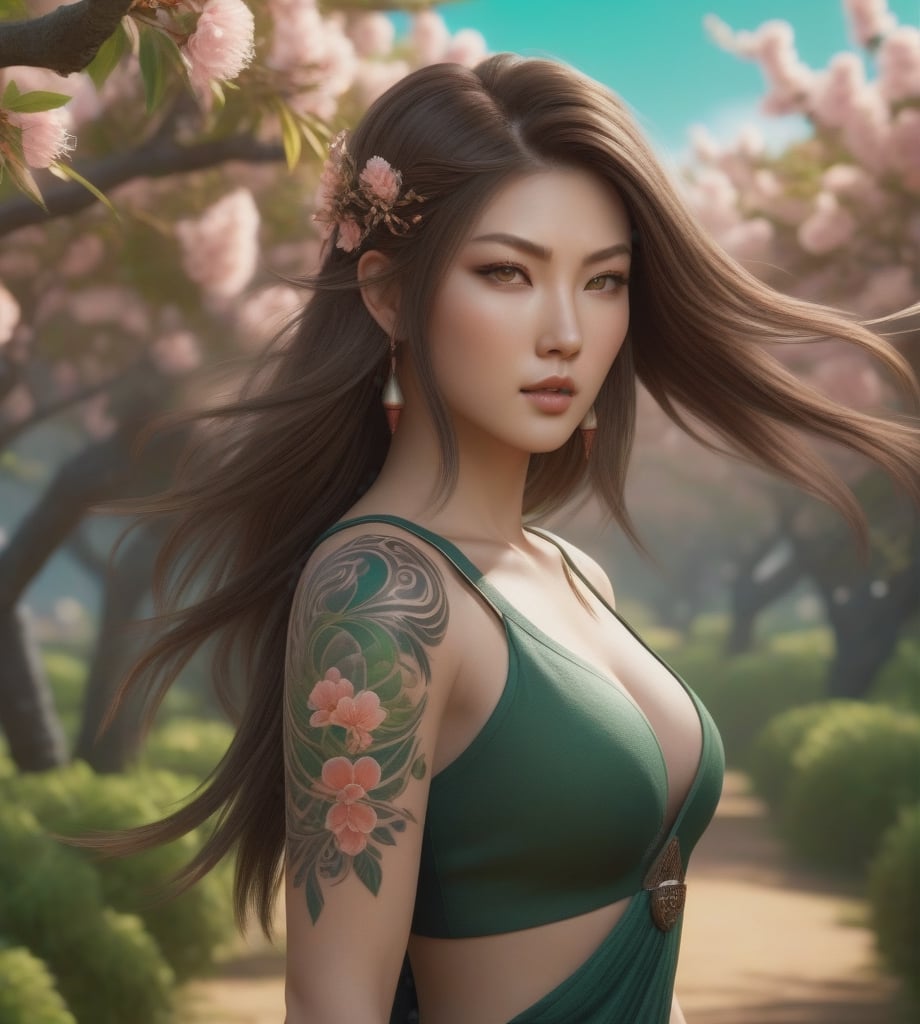 Very beautiful Asian girl, soft brown hair, green eyes, tribal tattoos on both arms, wind blowing her hair, walking in a peach garden,Detailed matte painting, deep color, fantastical, intricate detail, splash screen, complementary colors, fantasy concept art, 8k resolution trending on Artstation Unreal Engine 5,chiaroscuro, bioluminescent