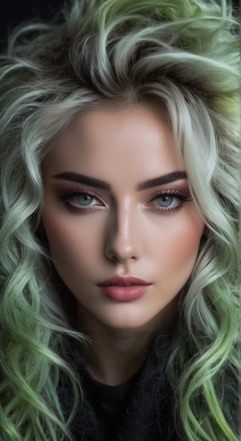 masterpiece, highly detailed image of a  girl with light gray eyes, Light green long frizzy hair, punk hairstyle, sweet and shy expression, little smile, cozy lighting, very dark background,  portrait, unusual composition, use of negative space, spectral, close-up, detailed eyes, detailed mouth,LegendDarkFantasy