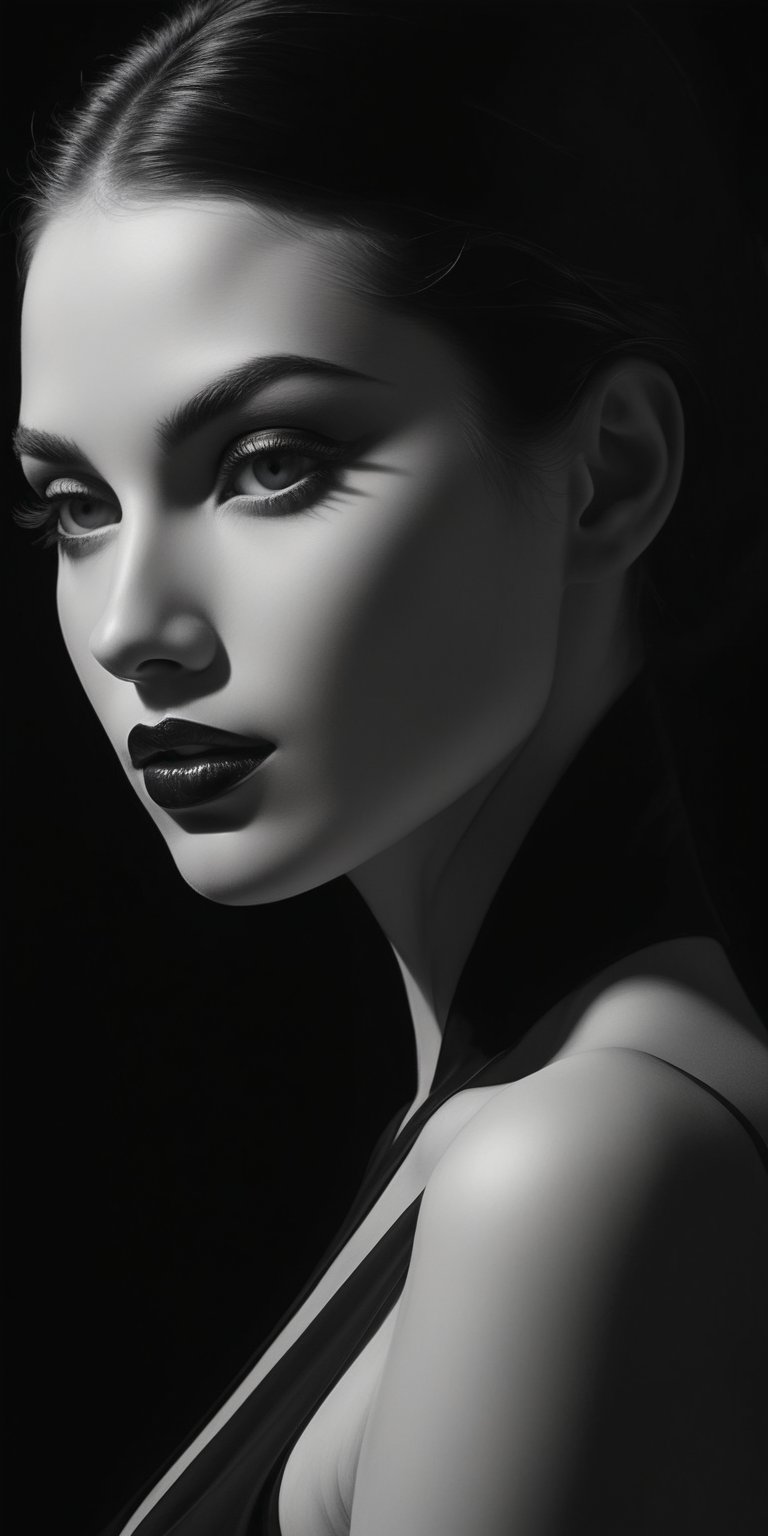 A stunning, high-resolution masterpiece in black and white. A shadowy figure emerges from the darkness, striking a graceful pose that exudes feminine allure. The mysterious eyes and lips are painted with subtle detail, while sleek curves define ravishing beauty. Artistic expression is amplified by dramatic lighting, creating contrast and emphasizing implied sensuality. A twisted silhouette adds dark elegance to the composition, evoking a moody atmosphere. Fluid lines blend seamlessly into high-contrast areas, crafting a fine art monochrome piece that's both contemporary and sophisticated. The visual poetry unfolds through creative composition, leaving a striking, innovative impression.