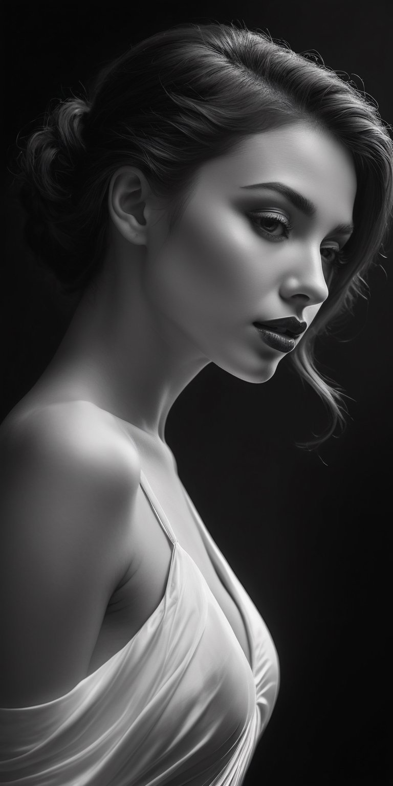 (best quality,4k,8k,highres,masterpiece:1.2),ultra-detailed,black and white,shadowy figure,graceful pose,feminine allure,(mysterious,alluring:1.3) eyes and lips,sleek curves,ravishing beauty,artistic expression,dramatic lighting,contrast,subtle details,implied sensuality,twisted silhouette,dark elegance, mood,fluid lines,high contrast,fine art,monochrome,contemporary,sophisticated,innovative,silhouette,visual poetry,creative composition,striking visual impac,Unique Masterpiece