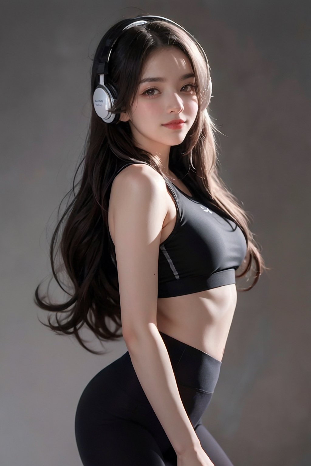 warm light room Beautiful woman with silver long hair against a grey background.over-the-ear headphones Smile,black tights yoga pants top,Girl