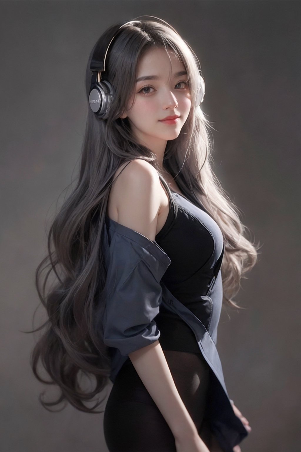 warm light room Beautiful woman with silver long hair against a grey background.over-the-ear headphones Smile,black tights top,Girl