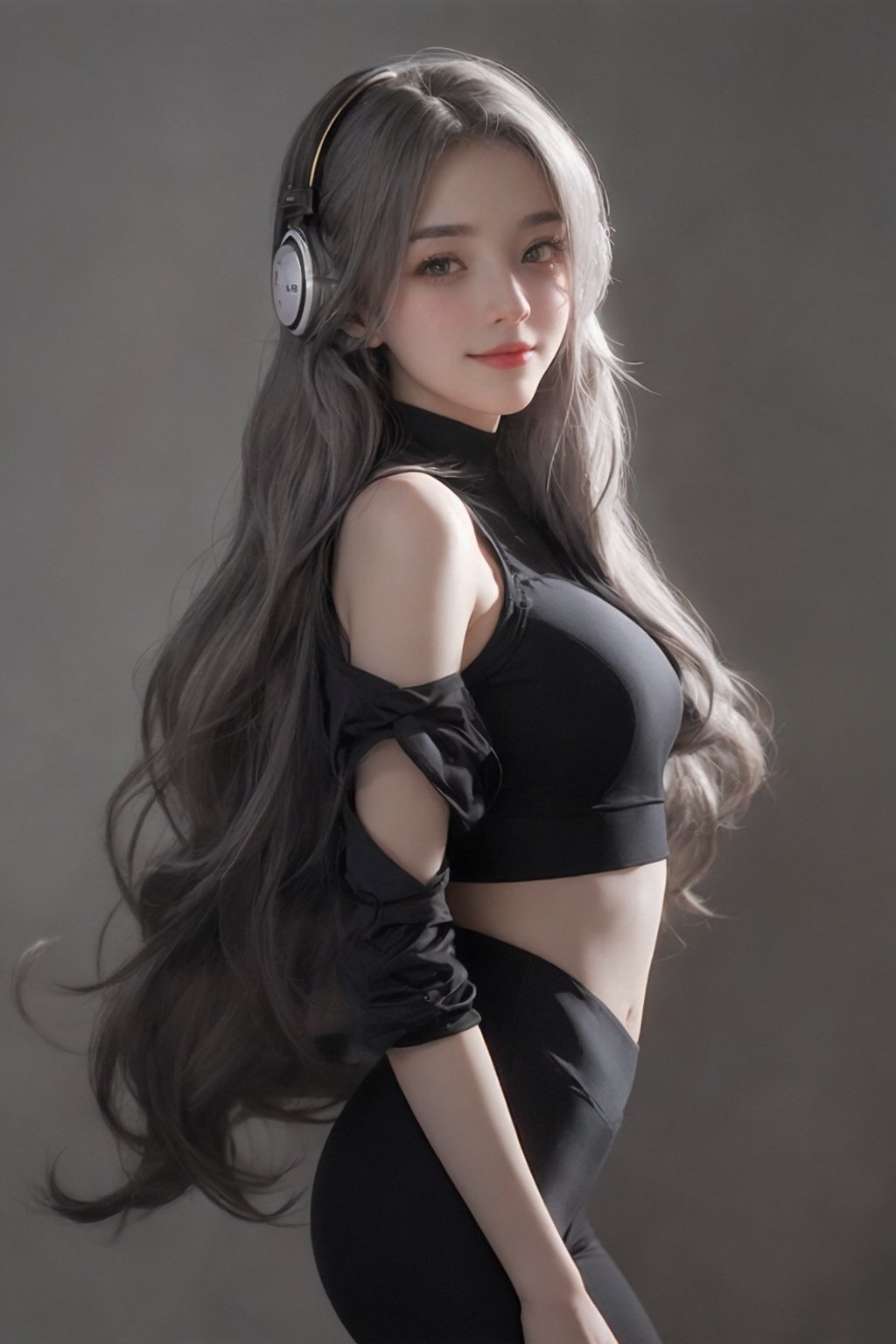 warm light room Beautiful woman with silver long hair against a grey background.over-the-ear headphones Smile,black tights  pants top,Girl