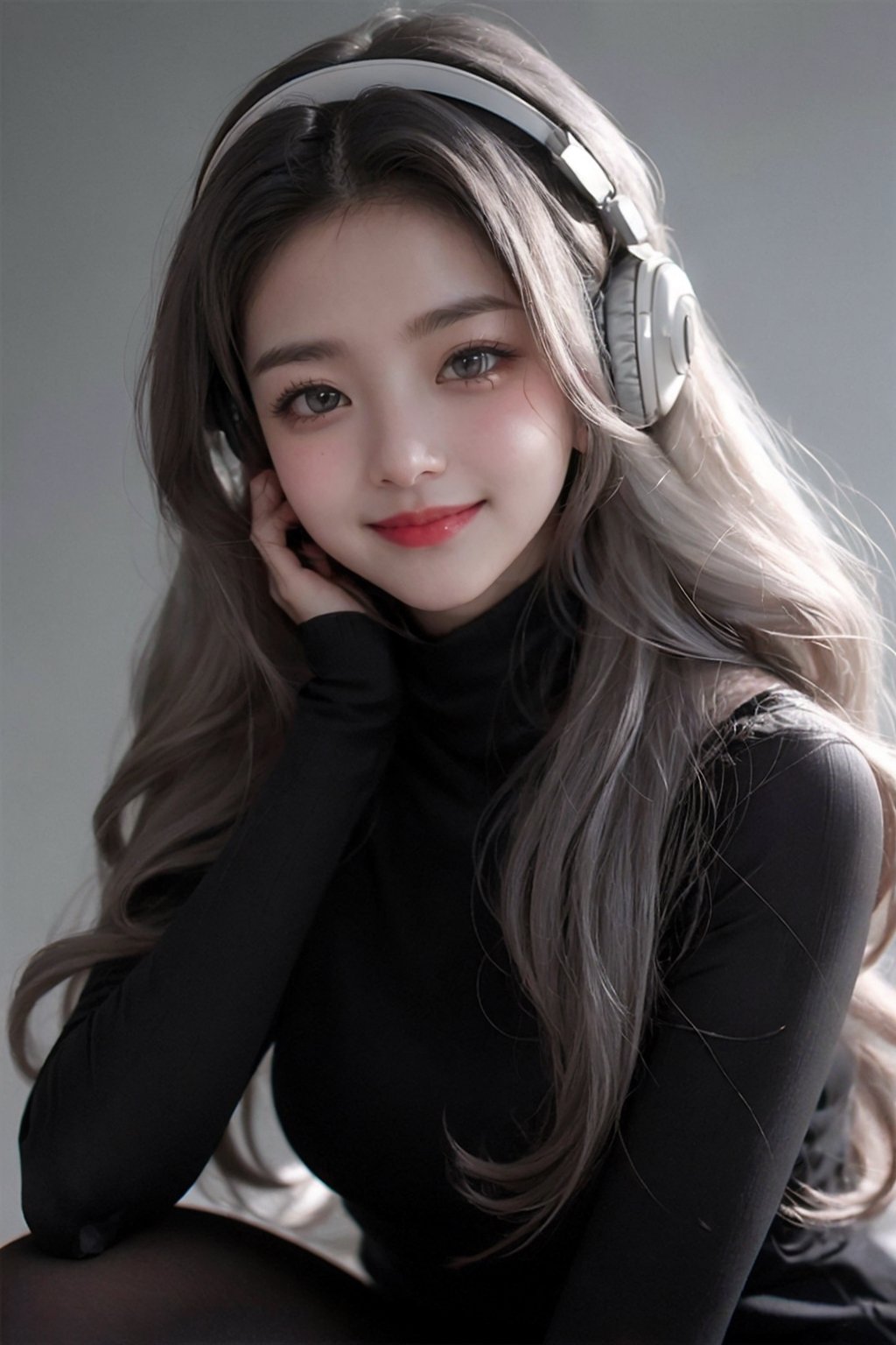 yellow light warm light room Beautiful woman with silver long hair against a grey background.over-the-ear headphones Smile,black tights ,165 height ratio Girl