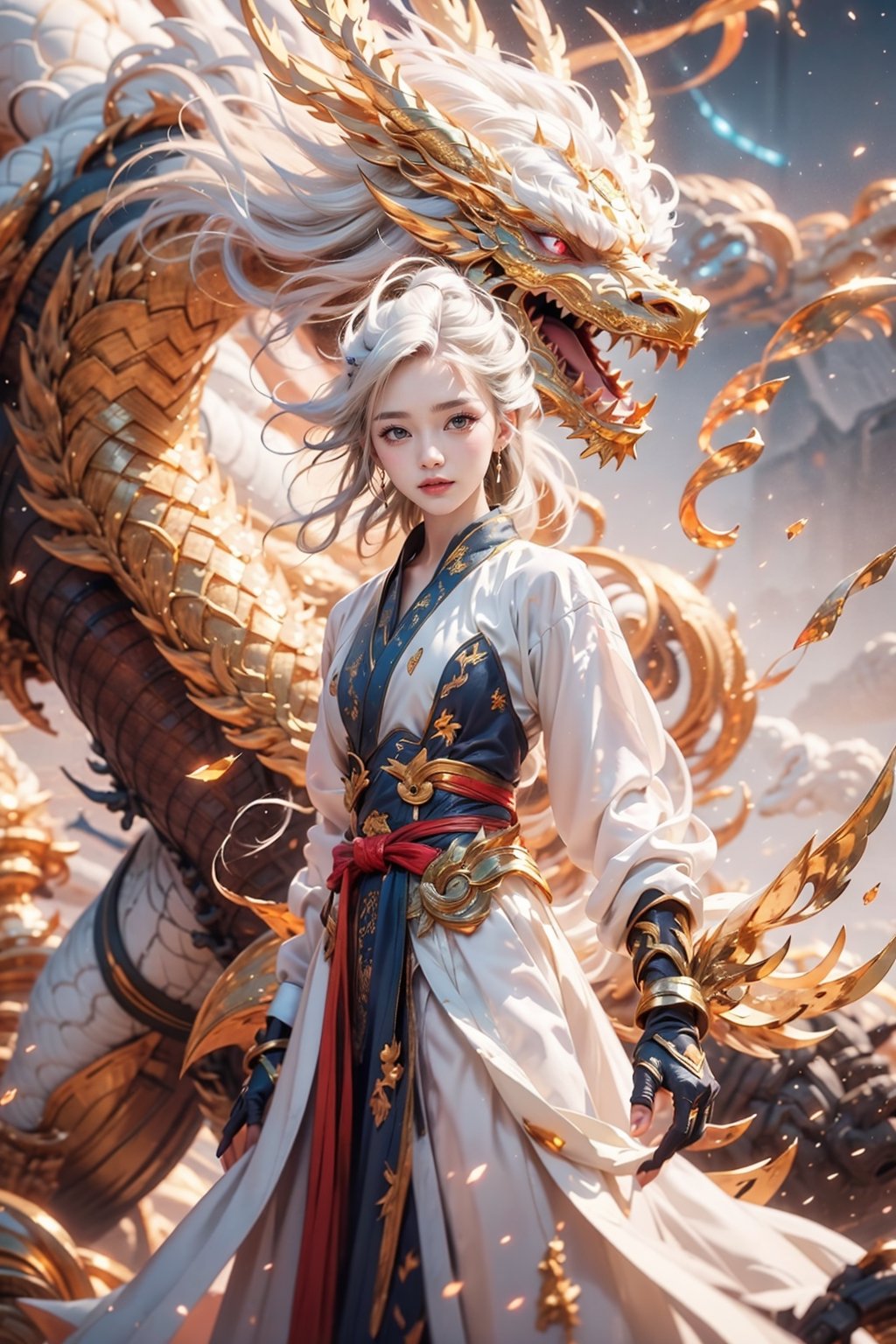 masterpiece, top quality, best quality, official art, beautiful and aesthetic:1.3), (1girl:1.4), white color hair, red hanfu fashion, chinese dragon flying in the sky, golden line, volumetric lighting, ultra-high quality, photorealistic, sky background, dynamic pose, detailed_background, 8k illustration, DonMChr0m4t3rr4, Hair length to waist,  mecha, ASU1, supersaiyan