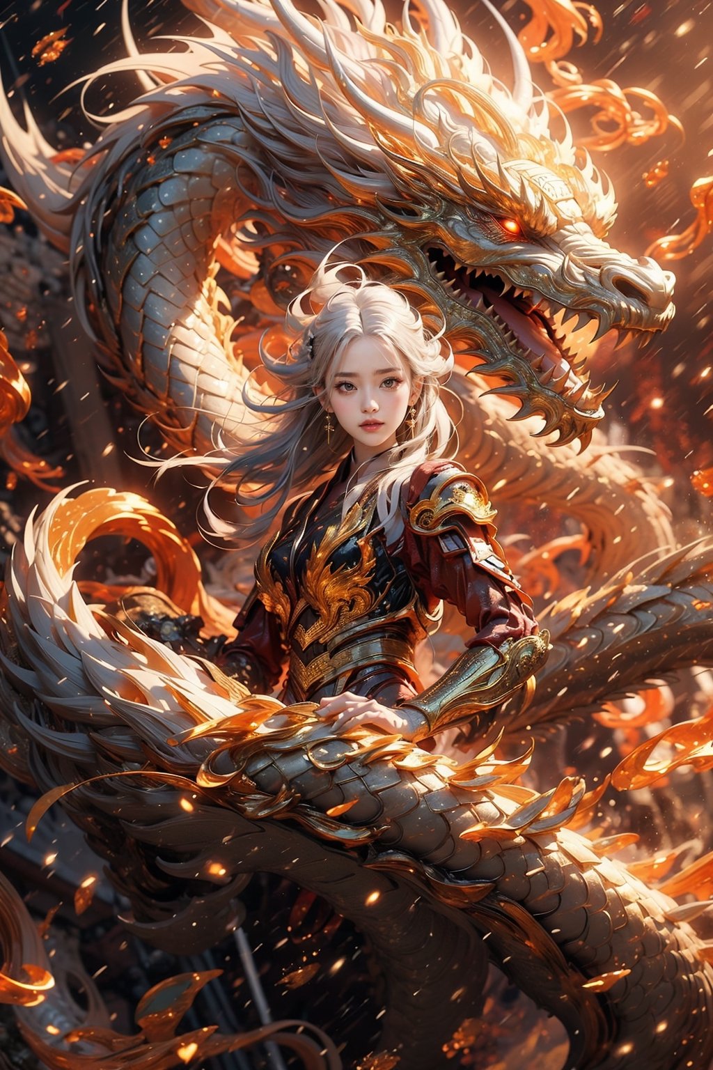 masterpiece, top quality, best quality, official art, beautiful and aesthetic:1.3), (1girl:1.4), white color hair, red hanfu fashion, (chinese dragon:1.3) flying in the sky, golden line, (black and red theme:1.5), volumetric lighting, ultra-high quality, photorealistic, sky background, dynamic pose, detailed_background, 8k illustration,wearing wrenchpjbss, (raining:1.5),mecha, High detailed, better hand, real hand