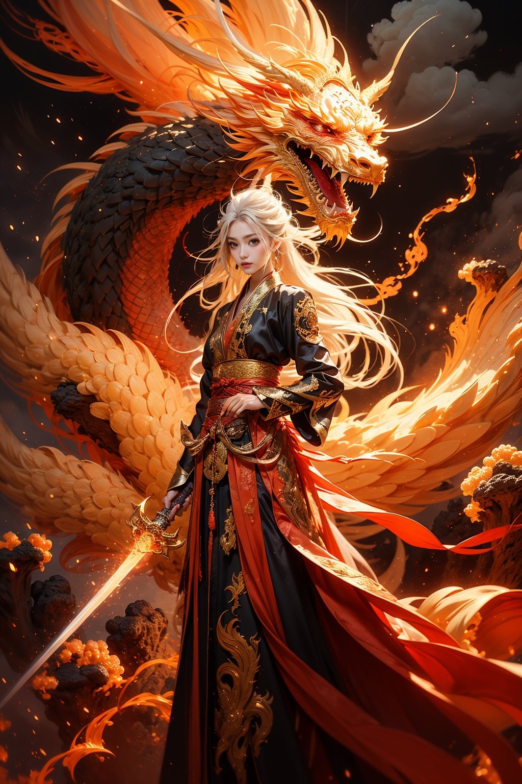 masterpiece, top quality, best quality, official art, beautiful and aesthetic:1.2), (1girl:1.3), hanfu fashion, chinese dragon, eastern dragon, golden line, (black 
 and red theme:1.6), volumetric lighting, ultra-high quality, photorealistic, lightning sky background, great sword, angel