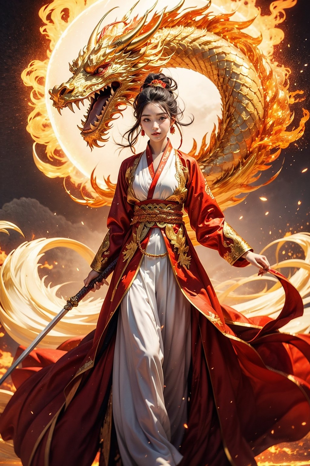 masterpiece, top quality, best quality, official art, beautiful and aesthetic:1.2), (1girl:1.3), red hanfu fashion, chinese dragon, golden line, ultra-high quality, photorealistic, huge flame great sword, sky background