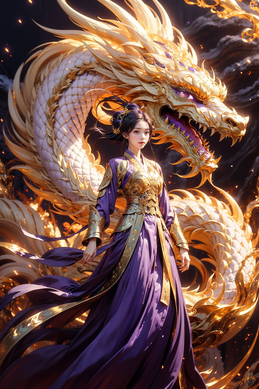 masterpiece, top quality, best quality, official art, beautiful and aesthetic:1.2), (1girl:1.3), hanfu fashion, chinese dragon, eastern dragon, golden line, (purple theme:1.6), volumetric lighting, ultra-high quality, photorealistic, sky background, daggers, 