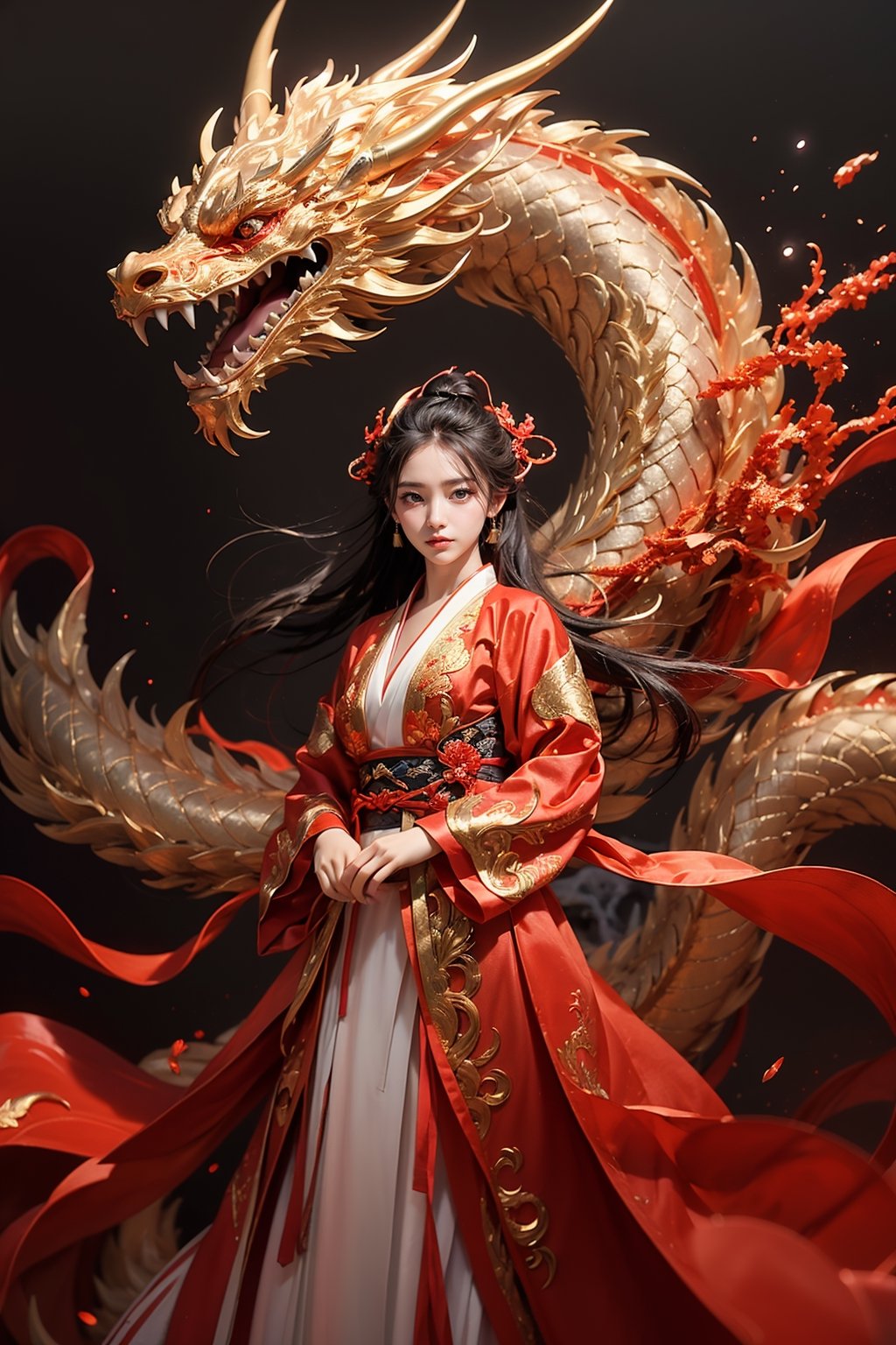 masterpiece, top quality, best quality, official art, beautiful and aesthetic:1.2), (1girl:1.3), hanfu fashion, chinese dragon, eastern dragon, golden line, (black 
 and red theme:1.6), volumetric lighting, ultra-high quality, photorealistic, sky background,hanfu, sword