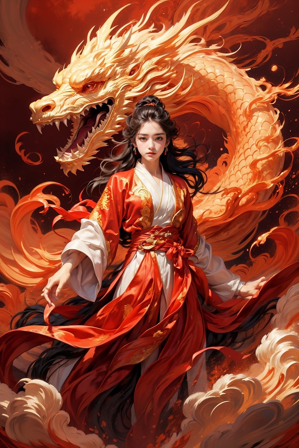 masterpiece, top quality, best quality, official art, beautiful and aesthetic:1.2), (1girl:1.4), yellow color long hair, red hanfu fashion, chinese dragon, golden line, (red theme:1.6), ultra-high quality, photorealistic, sky background, dynamic pose, icemagicAI