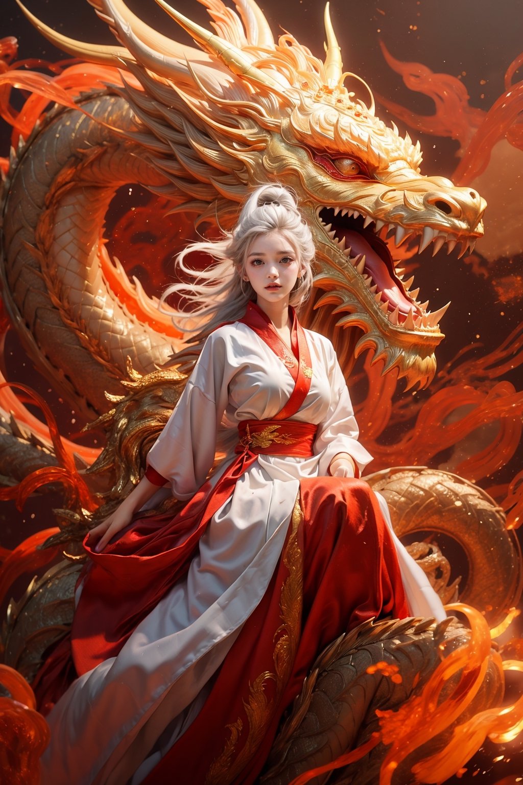 masterpiece, top quality, best quality, official art, beautiful and aesthetic:1.3), (1girl:1.4), white color hair, red hanfu fashion, chinese dragon flying in the sky, golden line, (black and red theme:1.5), volumetric lighting, ultra-high quality, photorealistic, sky background, dynamic pose, detailed_background, 8k illustration,wearing wrenchpjbss